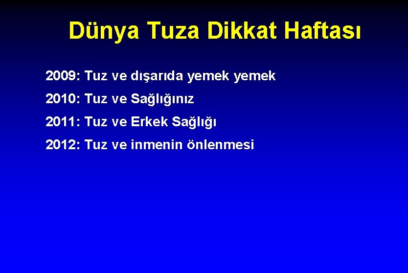 Dünya Tuza Dikkat Haftası 2009: Tuz ve dışarıda yemek 2010: Tuz ve Sağlığınız 2011: