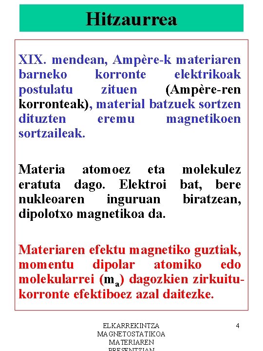 Hitzaurrea XIX. mendean, Ampère-k materiaren barneko korronte elektrikoak postulatu zituen (Ampère-ren korronteak), material batzuek