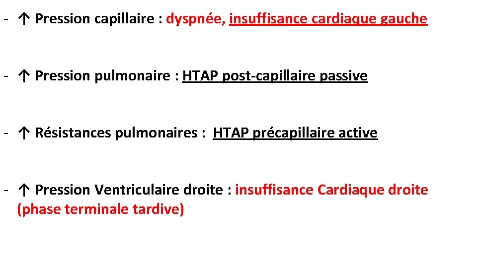 - ↑ Pression capillaire : dyspnée, insuffisance cardiaque gauche - ↑ Pression pulmonaire :