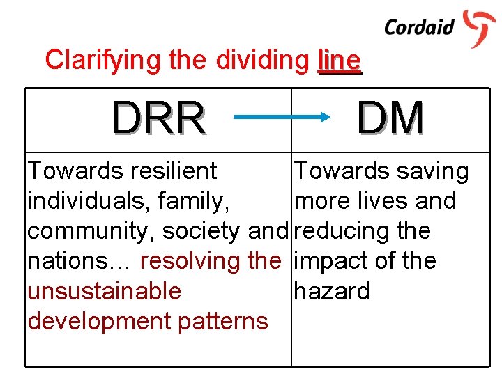 Clarifying the dividing line DRR DM Towards resilient Towards saving individuals, family, more lives