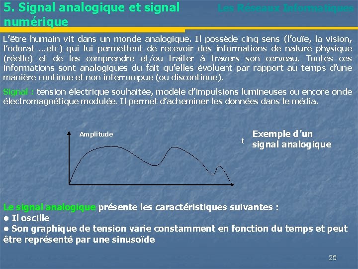 5. Signal analogique et signal numérique Les Réseaux Informatiques L’être humain vit dans un