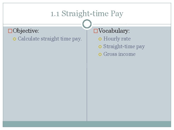 1. 1 Straight-time Pay �Objective: Calculate straight time pay. �Vocabulary: Hourly rate Straight-time pay