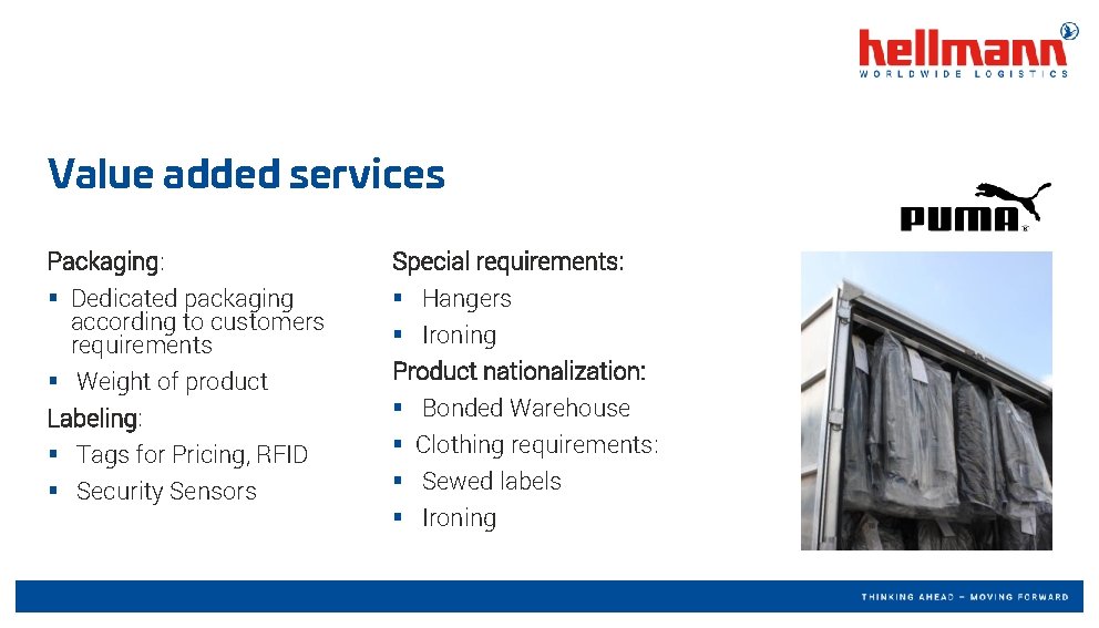 Value added services Packaging: Special requirements: § Dedicated packaging according to customers requirements §