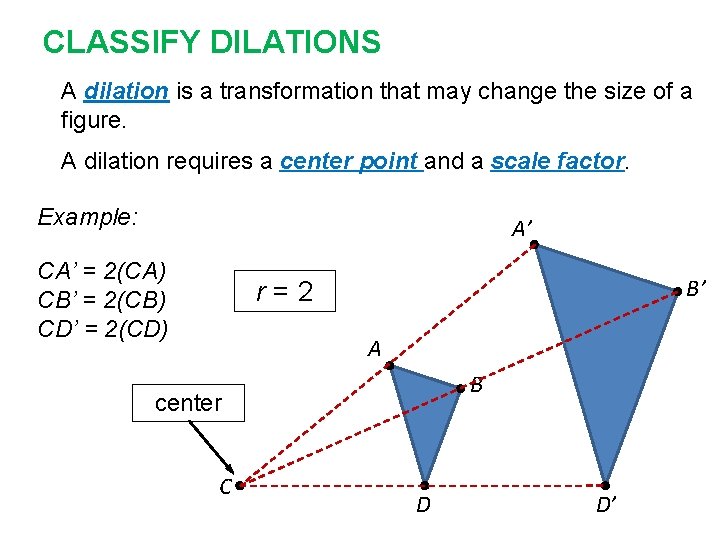 CLASSIFY DILATIONS A dilation is a transformation that may change the size of a