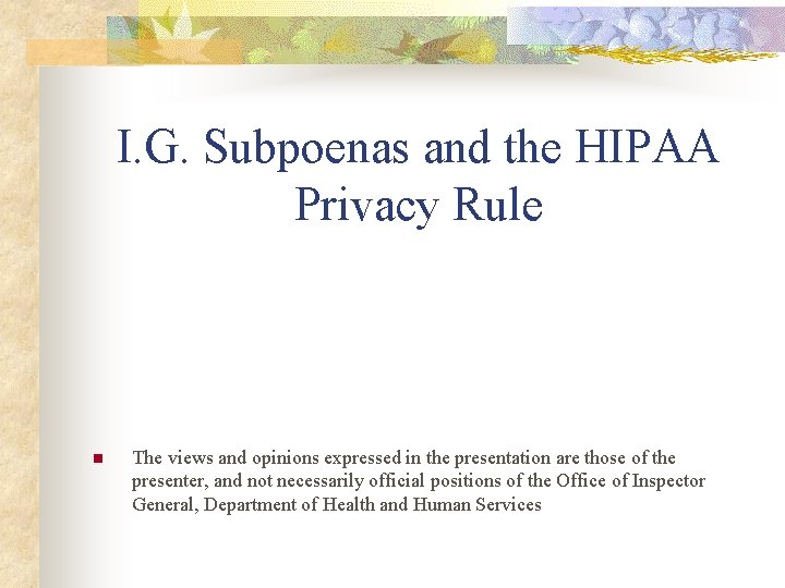 I. G. Subpoenas and the HIPAA Privacy Rule n The views and opinions expressed