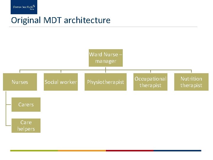 Original MDT architecture Ward Nurse – manager Nurses Carers Care helpers Social worker Physiotherapist