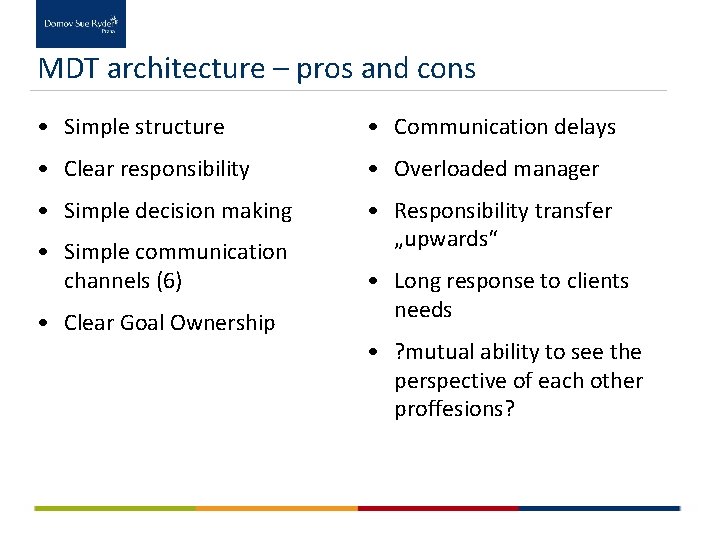 MDT architecture – pros and cons • Simple structure • Communication delays • Clear