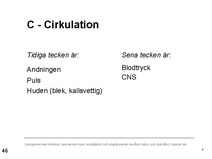 C - Cirkulation Tidiga tecken är: Sena tecken är: Andningen Blodtryck CNS Puls Huden