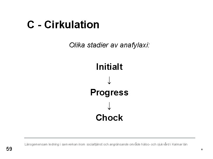 C - Cirkulation Olika stadier av anafylaxi: Initialt ↓ Progress ↓ Chock 59 Länsgemensam