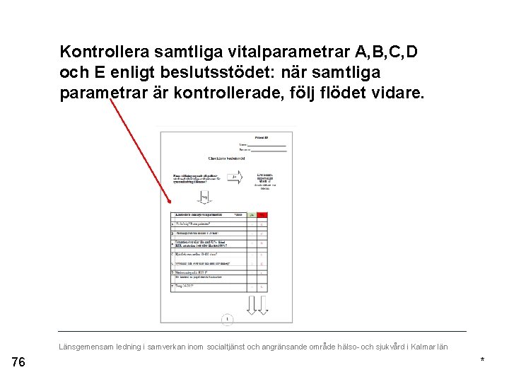 Kontrollera samtliga vitalparametrar A, B, C, D och E enligt beslutsstödet: när samtliga parametrar