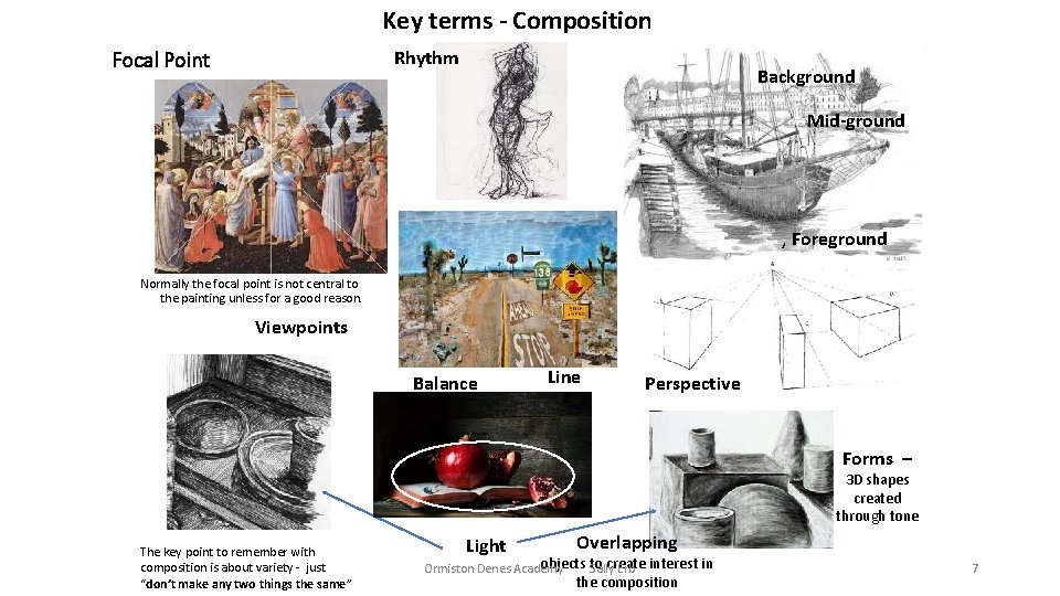 Key terms - Composition Rhythm Focal Point Background Mid-ground , Foreground Normally the focal