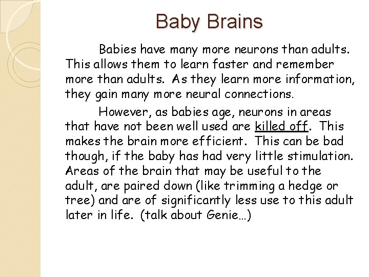 Baby Brains Babies have many more neurons than adults. This allows them to learn