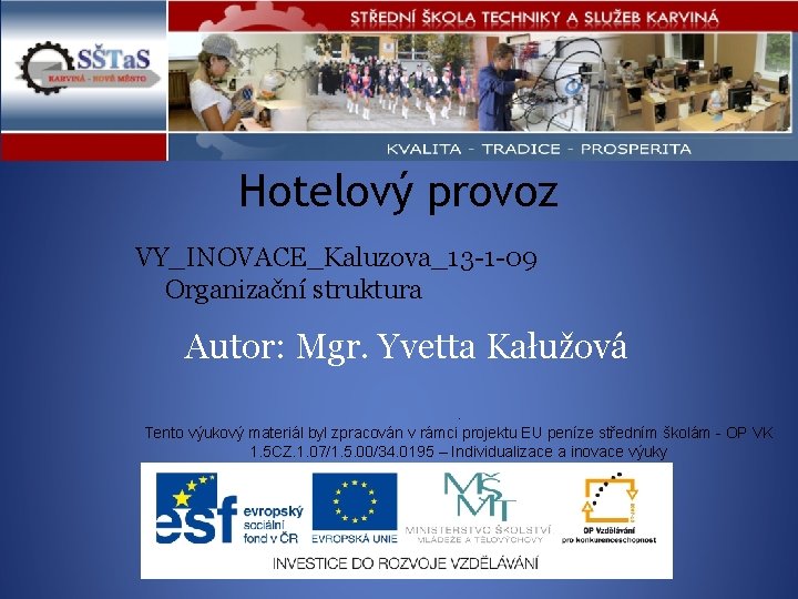 Hotelový provoz VY_INOVACE_Kaluzova_13 -1 -09 Organizační struktura Autor: Mgr. Yvetta Kałužová. Tento výukový materiál