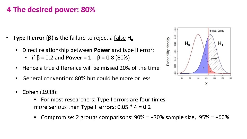 4 The desired power: 80% • Type II error (β) is the failure to