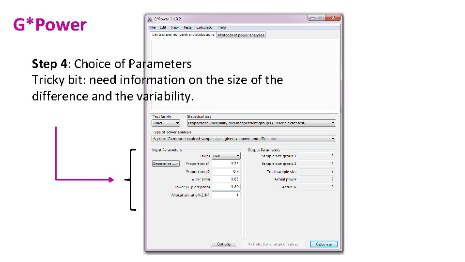G*Power Step 4: Choice of Parameters Tricky bit: need information on the size of