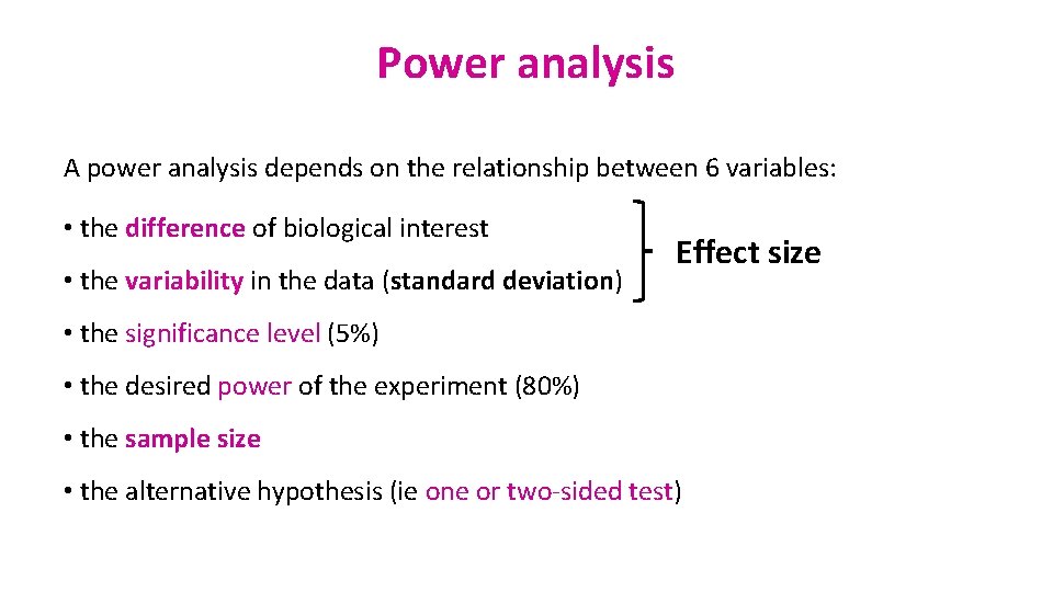 Power analysis A power analysis depends on the relationship between 6 variables: • the