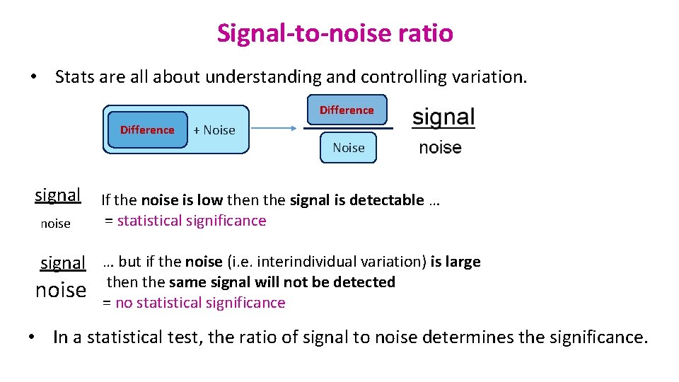 Signal-to-noise ratio • Stats are all about understanding and controlling variation. Difference + Noise