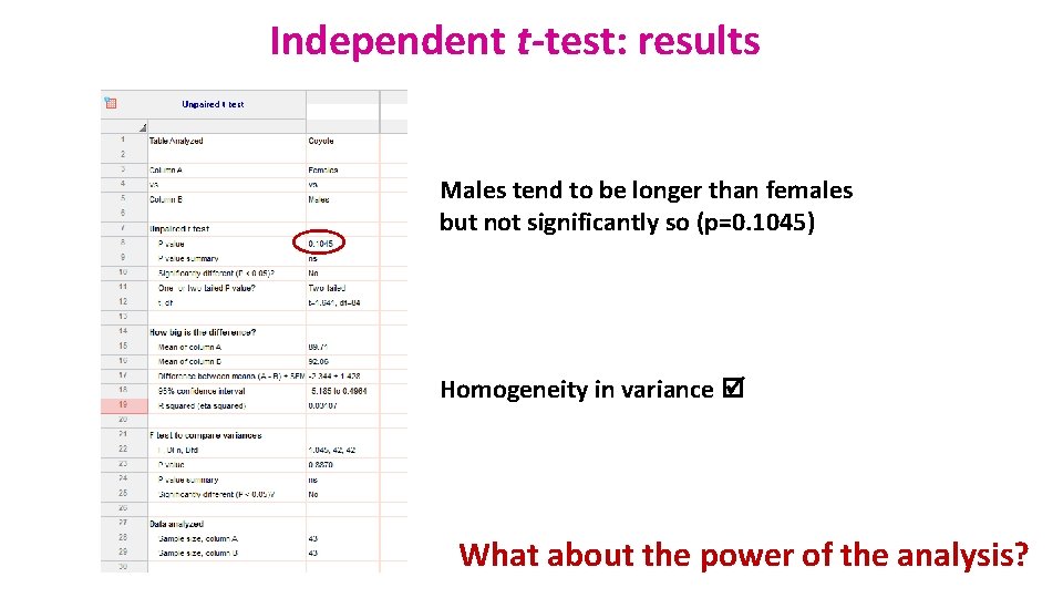 Independent t-test: results Males tend to be longer than females but not significantly so