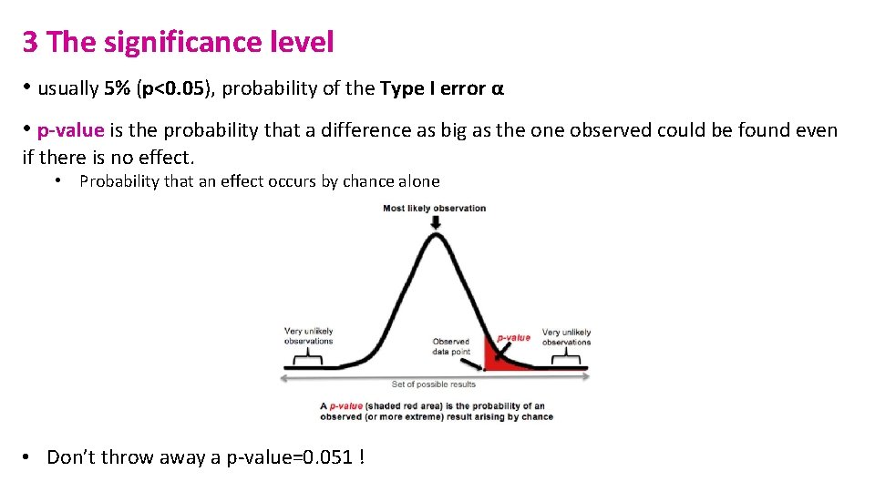 3 The significance level • usually 5% (p<0. 05), probability of the Type I