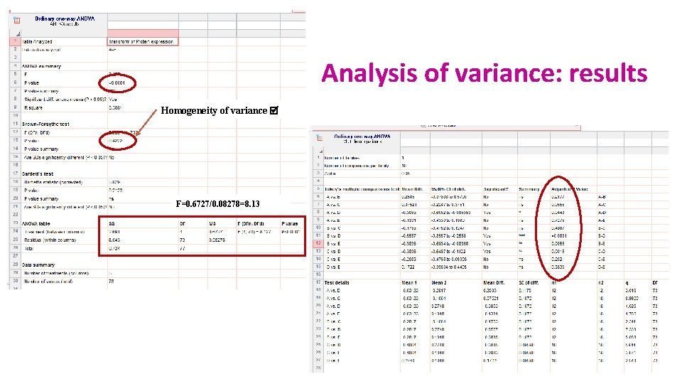 Analysis of variance: results Homogeneity of variance F=0. 6727/0. 08278=8. 13 