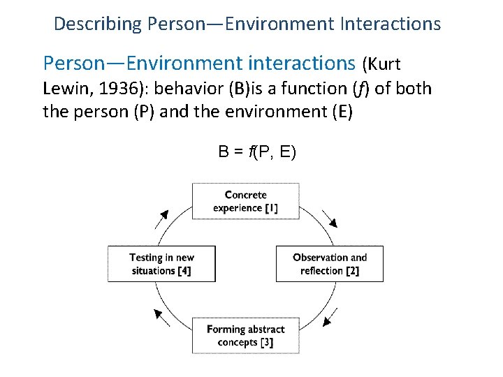 Describing Person—Environment Interactions Person—Environment interactions (Kurt Lewin, 1936): behavior (B)is a function (f) of
