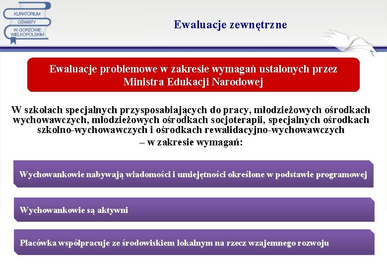  Ewaluacje zewnętrzne Ewaluacje problemowe w zakresie wymagań ustalonych przez Ministra Edukacji Narodowej W