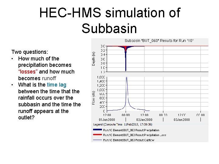 HEC-HMS simulation of Subbasin Two questions: • How much of the precipitation becomes “losses”