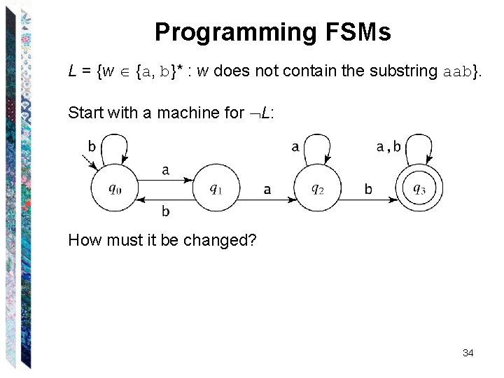 Programming FSMs L = {w {a, b}* : w does not contain the substring