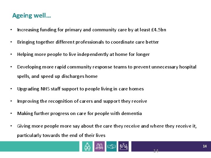 Ageing well… • Increasing funding for primary and community care by at least £