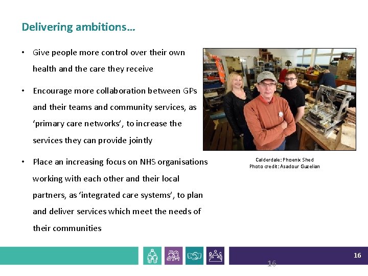 Delivering ambitions… • Give people more control over their own health and the care