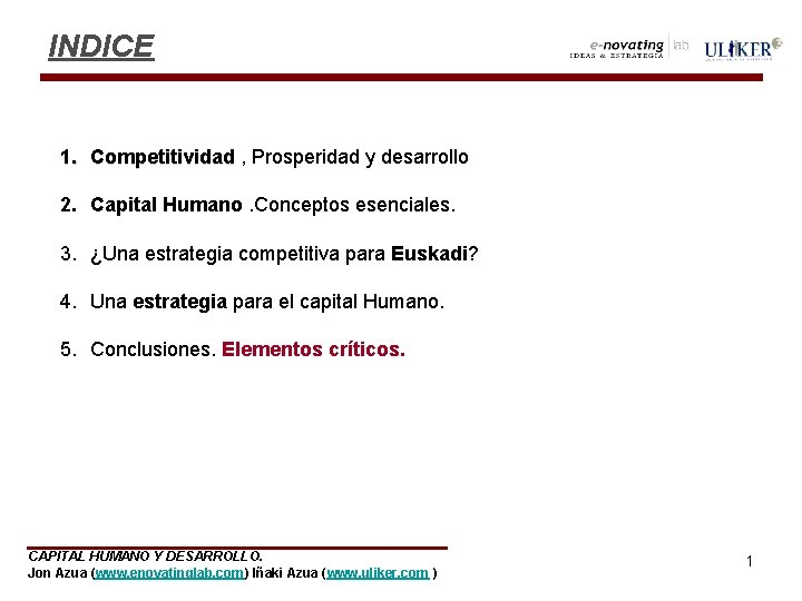 INDICE 1. Competitividad , Prosperidad y desarrollo Competitividad 2. Capital Humano. Conceptos esenciales. 3.