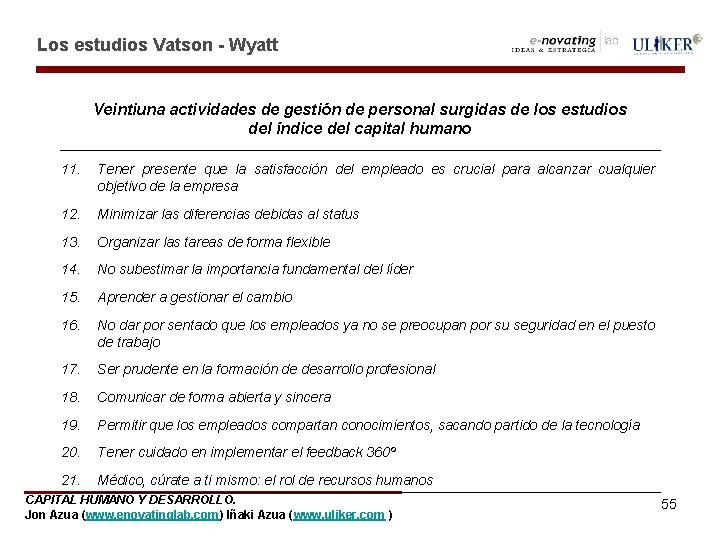 Los estudios Vatson - Wyatt Veintiuna actividades de gestión de personal surgidas de los