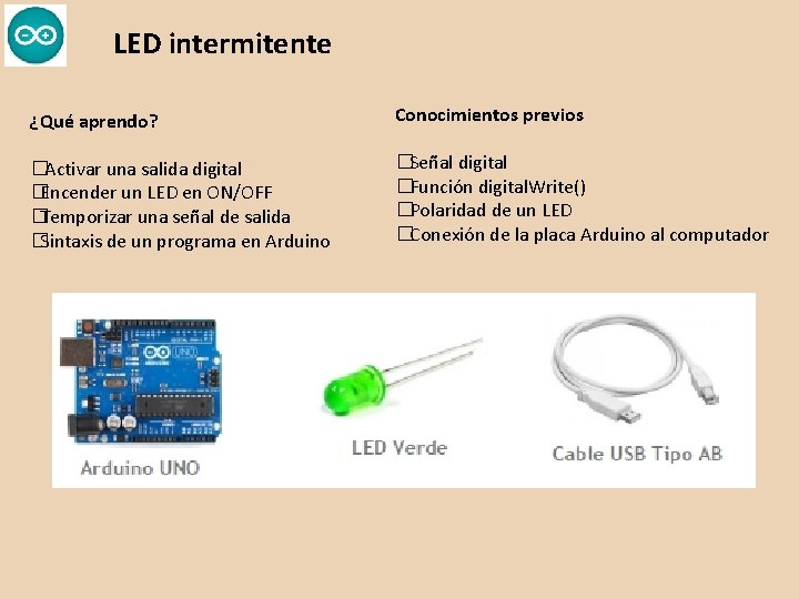 LED intermitente ¿Qué aprendo? Conocimientos previos �Activar una salida digital �Encender un LED en