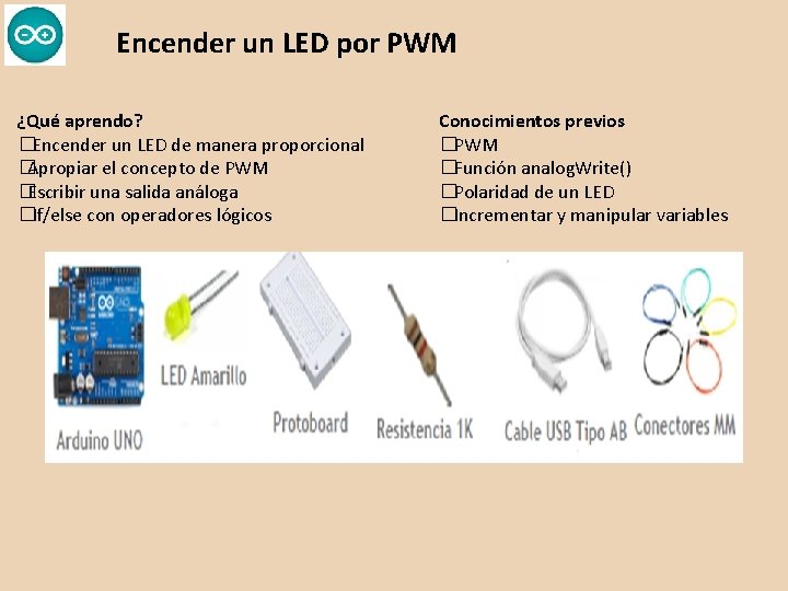Encender un LED por PWM ¿Qué aprendo? �Encender un LED de manera proporcional �Apropiar