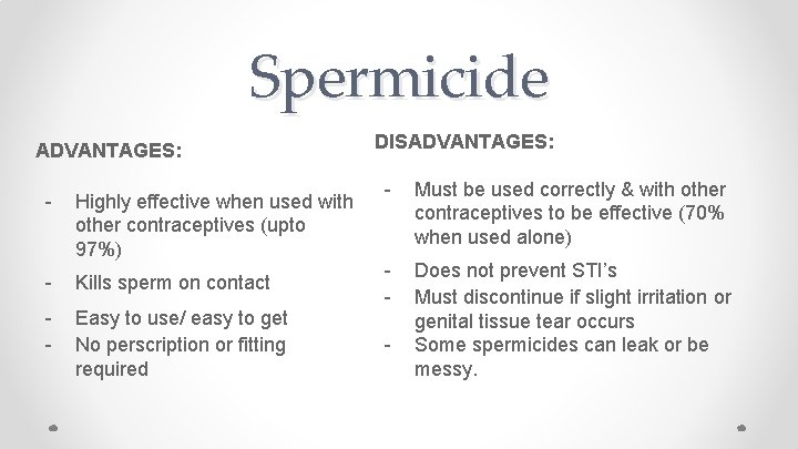 Spermicide ADVANTAGES: - Highly effective when used with other contraceptives (upto 97%) - Kills
