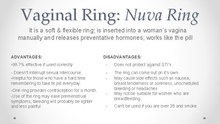 Vaginal Ring: Nuva Ring It is a soft & flexible ring; is inserted into