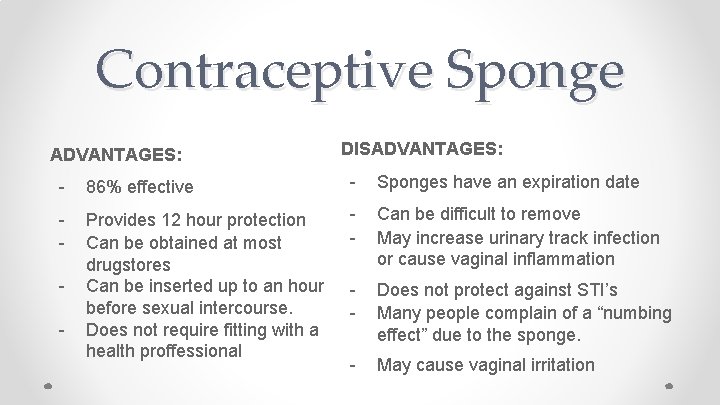 Contraceptive Sponge ADVANTAGES: DISADVANTAGES: - 86% effective - Sponges have an expiration date -