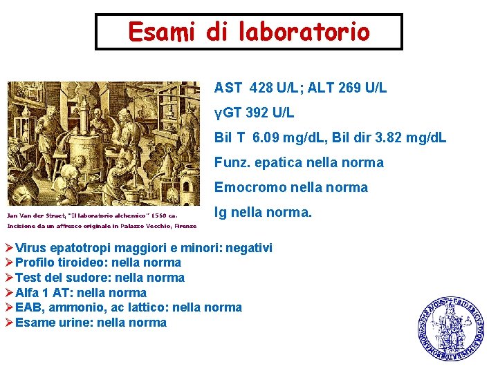 Esami di laboratorio AST 428 U/L; ALT 269 U/L γGT 392 U/L Bil T Esami di laboratorio AST 428 U/L; ALT 269 U/L γGT 392 U/L Bil T
