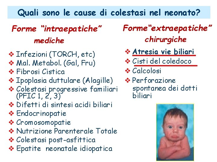 Quali sono le cause di colestasi nel neonato? Forme “intraepatiche” mediche Infezioni (TORCH, etc) Quali sono le cause di colestasi nel neonato? Forme “intraepatiche” mediche Infezioni (TORCH, etc)