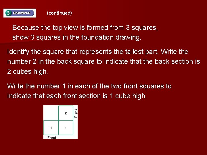 (continued) Because the top view is formed from 3 squares, show 3 squares in