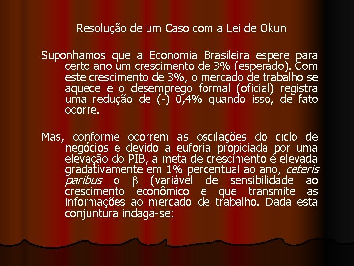 Resolução de um Caso com a Lei de Okun Suponhamos que a Economia Brasileira