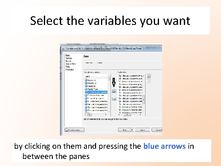 Select the variables you want by clicking on them and pressing the blue arrows Select the variables you want by clicking on them and pressing the blue arrows