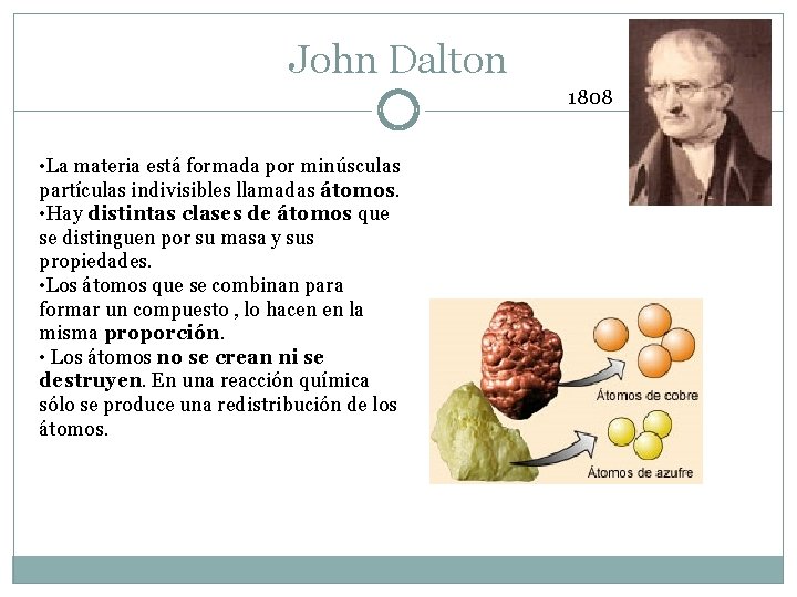John Dalton 1808 • La materia está formada por minúsculas partículas indivisibles llamadas átomos.