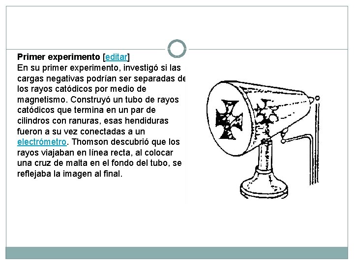 Primer experimento [editar] En su primer experimento, investigó si las cargas negativas podrían ser