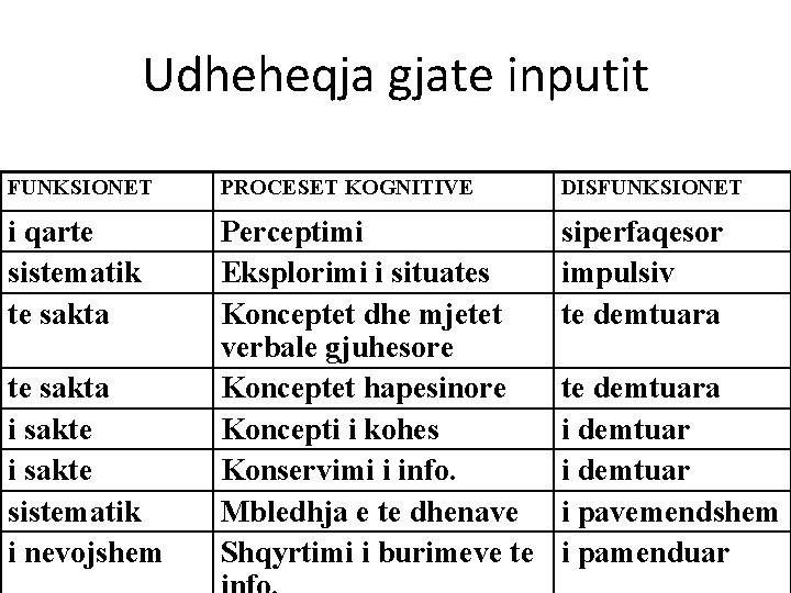 Udheheqja gjate inputit FUNKSIONET PROCESET KOGNITIVE DISFUNKSIONET i qarte sistematik te sakta Perceptimi Eksplorimi