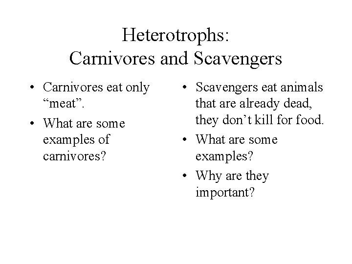 Heterotrophs: Carnivores and Scavengers • Carnivores eat only “meat”. • What are some examples