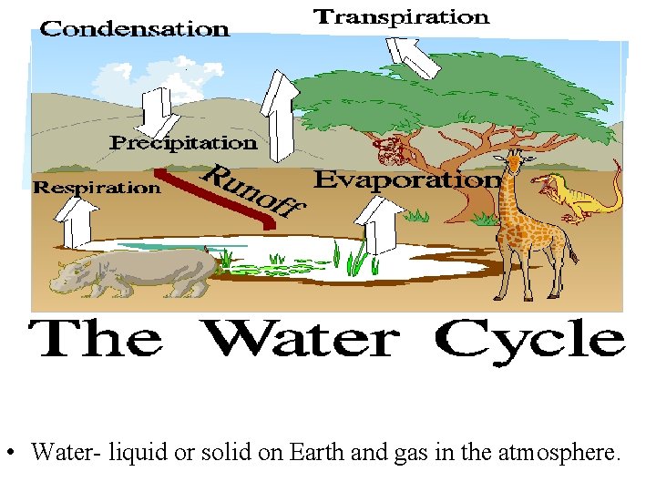  • Water- liquid or solid on Earth and gas in the atmosphere. 