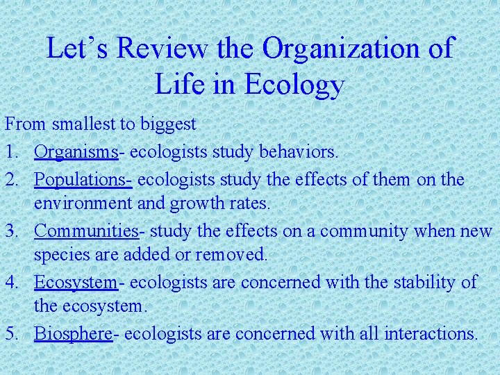 Let’s Review the Organization of Life in Ecology From smallest to biggest 1. Organisms-