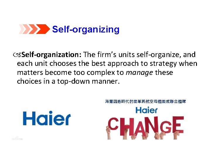 Self-organizing Self-organization: The firm’s units self-organize, and each unit chooses the best approach to