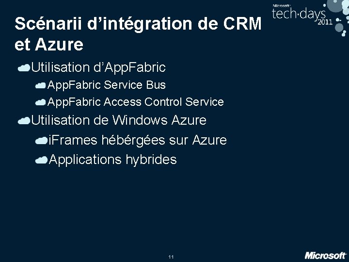 Scénarii d’intégration de CRM et Azure Utilisation d’App. Fabric Service Bus App. Fabric Access